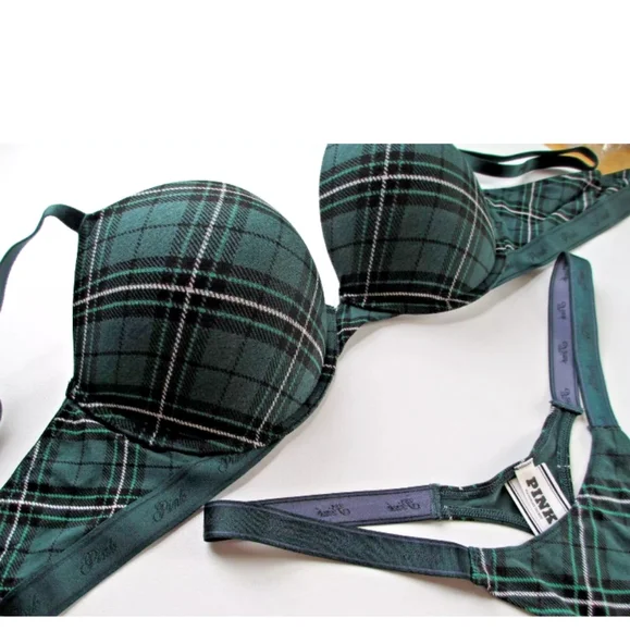 VICTORIA'S SECRET PINK Super Push-Up Bra & XL Thong Panty Set Green Plaid Cotton